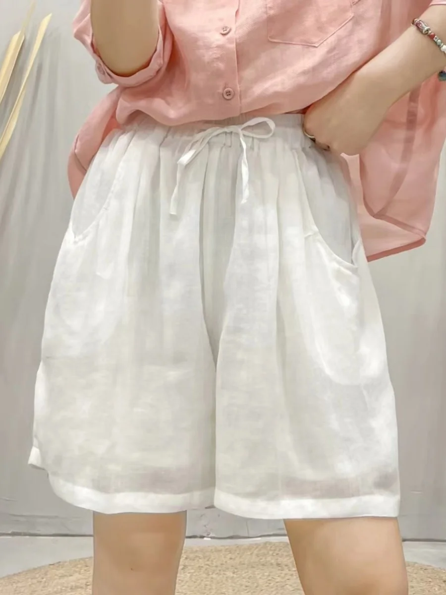 カジュアルな綿麻素材のオルトパンツ、ゆったりとしたハイウエスト、ストレートレッグ、薄手、ベルト付き、レディースプラスサイズ、夏のレジャーパンツ