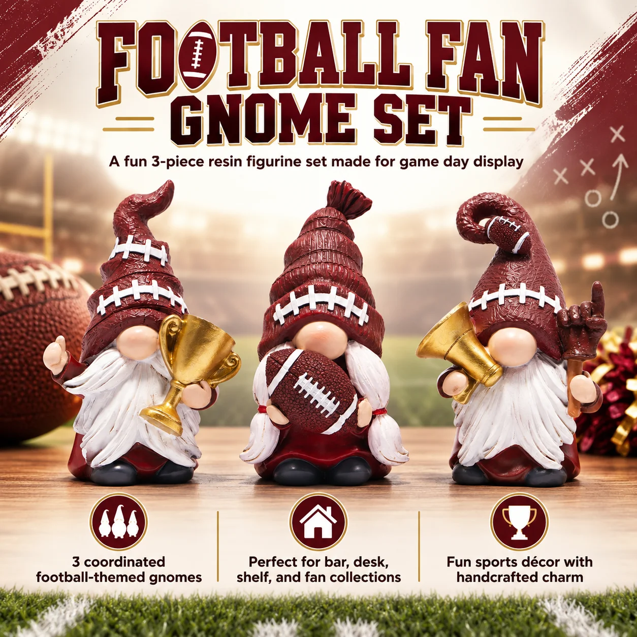 Hodao Resin American Football Gnome Figurine Set 3Pcs Sports Fan Decor Trophy Ball Megaphone Game Day Tabletop Home Office Gift