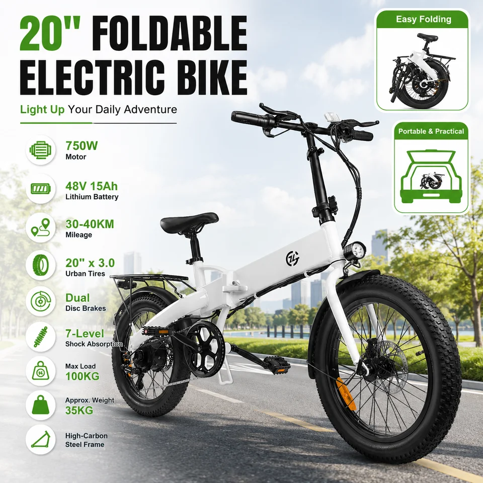 Powerful 750W Foldable Electric Bike 20 Inch Urban E-Bicycle 48V 15Ah Battery E-Bike Dual Disc Brakes 7-Level Shock Absorption image 2