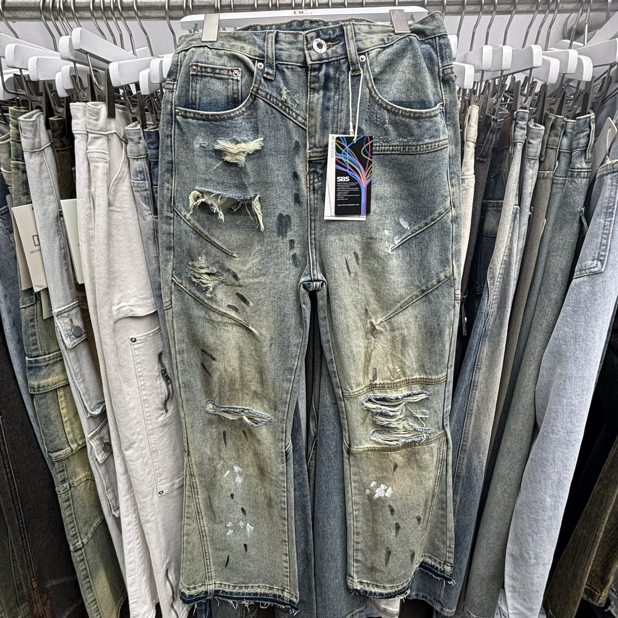 

Waed Distred Men's Jeans High Street Sle Splaed Ink Vintage Long Trousers Loose Fit Bell Bot Casual Denim