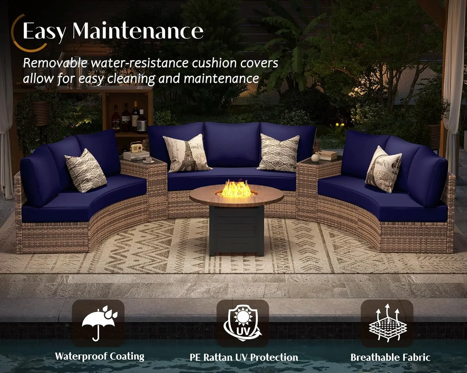 Patio Conversation Set, 11 Piece Half-Moon Sectional Round Patio Furniture Set, with Large Storage Wedge Table Wicker Sofa Set,