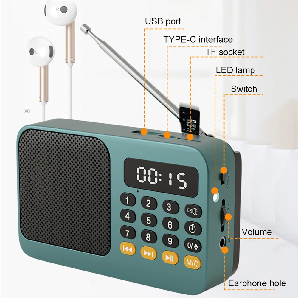 Radio FM portátil con linterna, Radio recargable, tarjeta TF/disco U, Bluetooth 5,0, reproductor de música MP3, altavoz inalámbrico