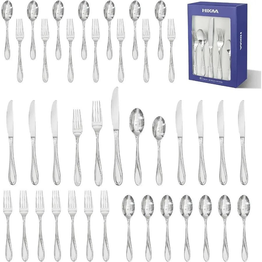 

Wave Design Silverware Gift Set for Wedding 40Piece Artistic Stainless Steel Flatware in Gift Box Fibonacci Pattern Cutlery Set