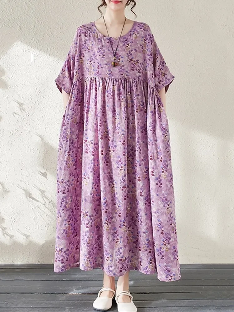 

short sleeve oversized cotton vintage floral new in dresses for women casual loose long summer dress elegant clothing 2025