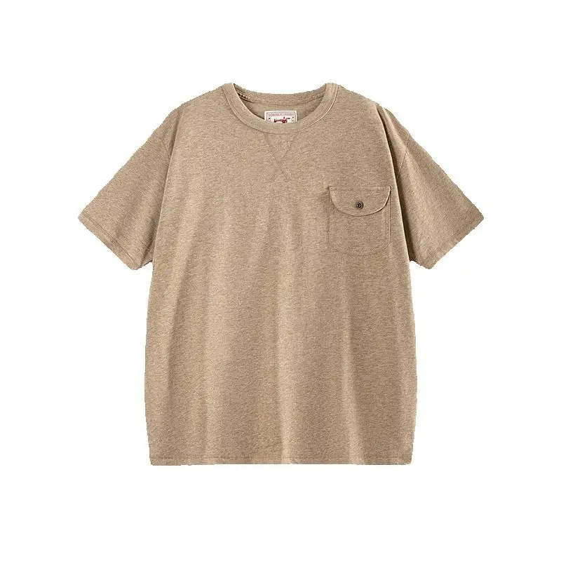 

Akkad Kuti 2025 New Summer Pure Cotton Yarn T-shirt Heavy Retro Short Sleeve T-shirt Basic Round Neck Pocket T-shirt