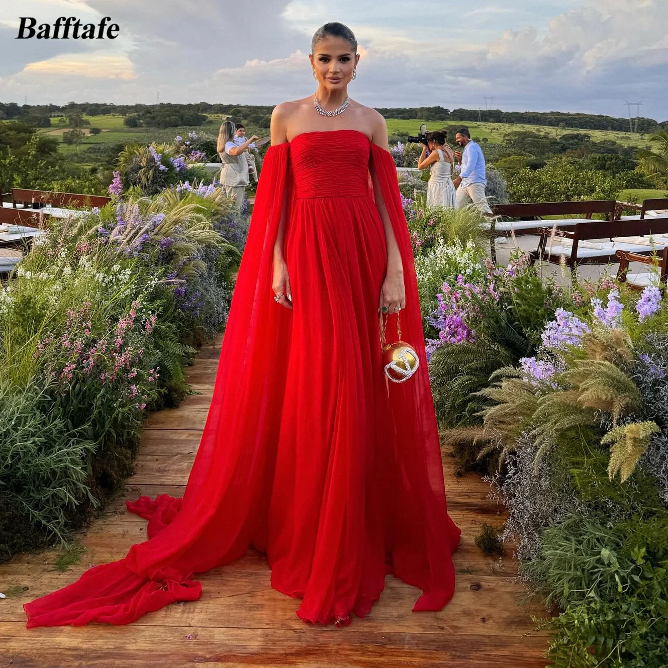 Bafftafe Red Chiffon Formal Prom Dresses Off Shoulder Long Sleeves Special Occasion Event Party Gowns Evening Dress Customized