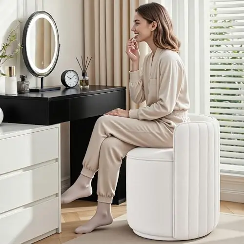 Vanity Chair with Storage, 360° Swivel Velvet Makeup Stool with Wave Backrest, Modern Round Upholstered Closet Stool