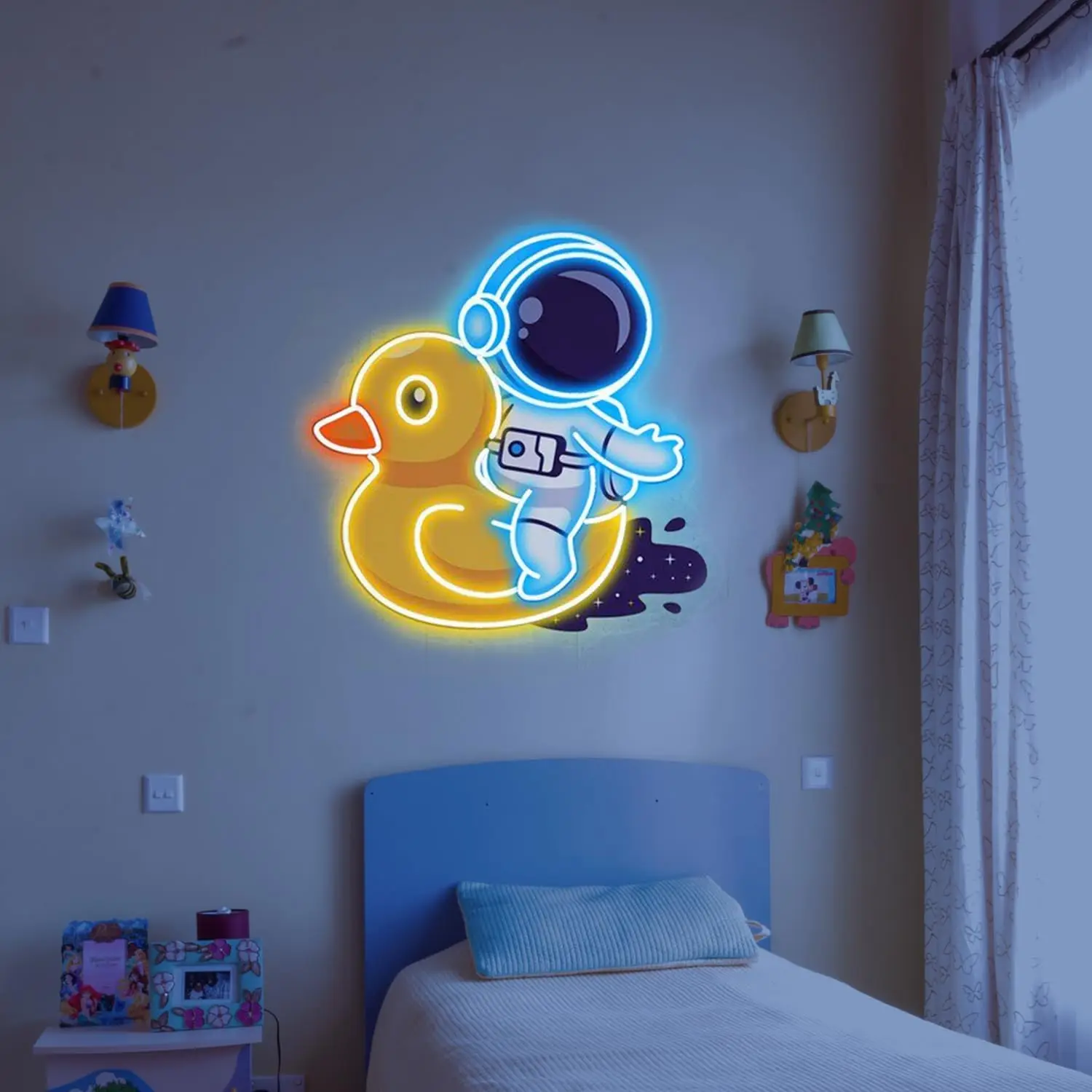 นักบินอวกาศขี่เป็ด ป้ายไฟนีออน LED แสงนีออนเท่ๆ ปรับความสว่างได้ สำหรับห้องนอน ห้องนั่งเล่น บาร์ ร้านค้า ของขวัญวันเกิด ขนาด: 34*34 ซม.