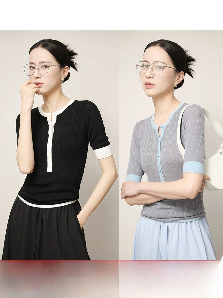 

Женская шерстяная вязаная футболка XUS Laisele с круглым вырезом, летняя, для повседневной носки, простая и элегантная, с коротким рукавом