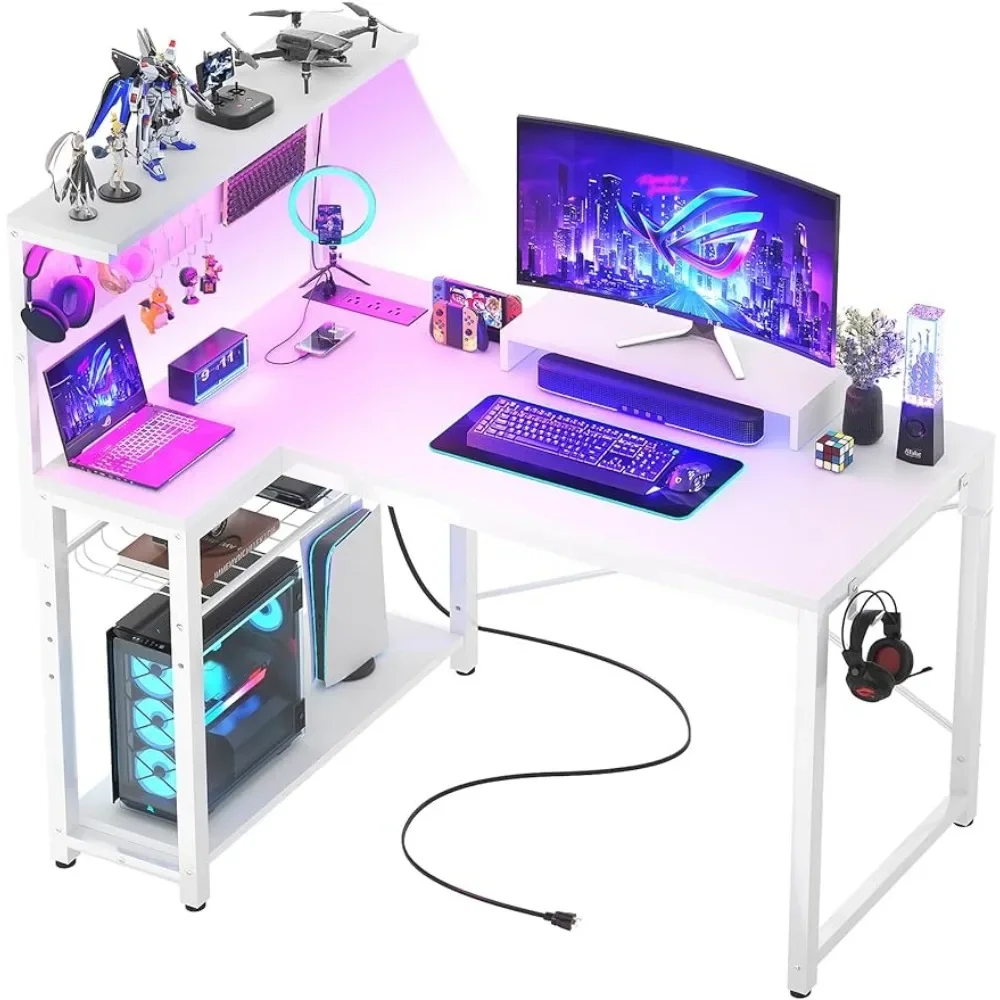 Small Gaming Desk with Power Outlets LED Light 43 Inch L Shaped Computer Desk with Monitor Stand Storage Shelves Reversible