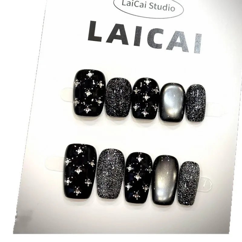 10Pcs Handmade Nail Art Set Black Starry Sky Rhinestone Cat Eye Short Press-On Nails Perfect Gift for Women and Friends