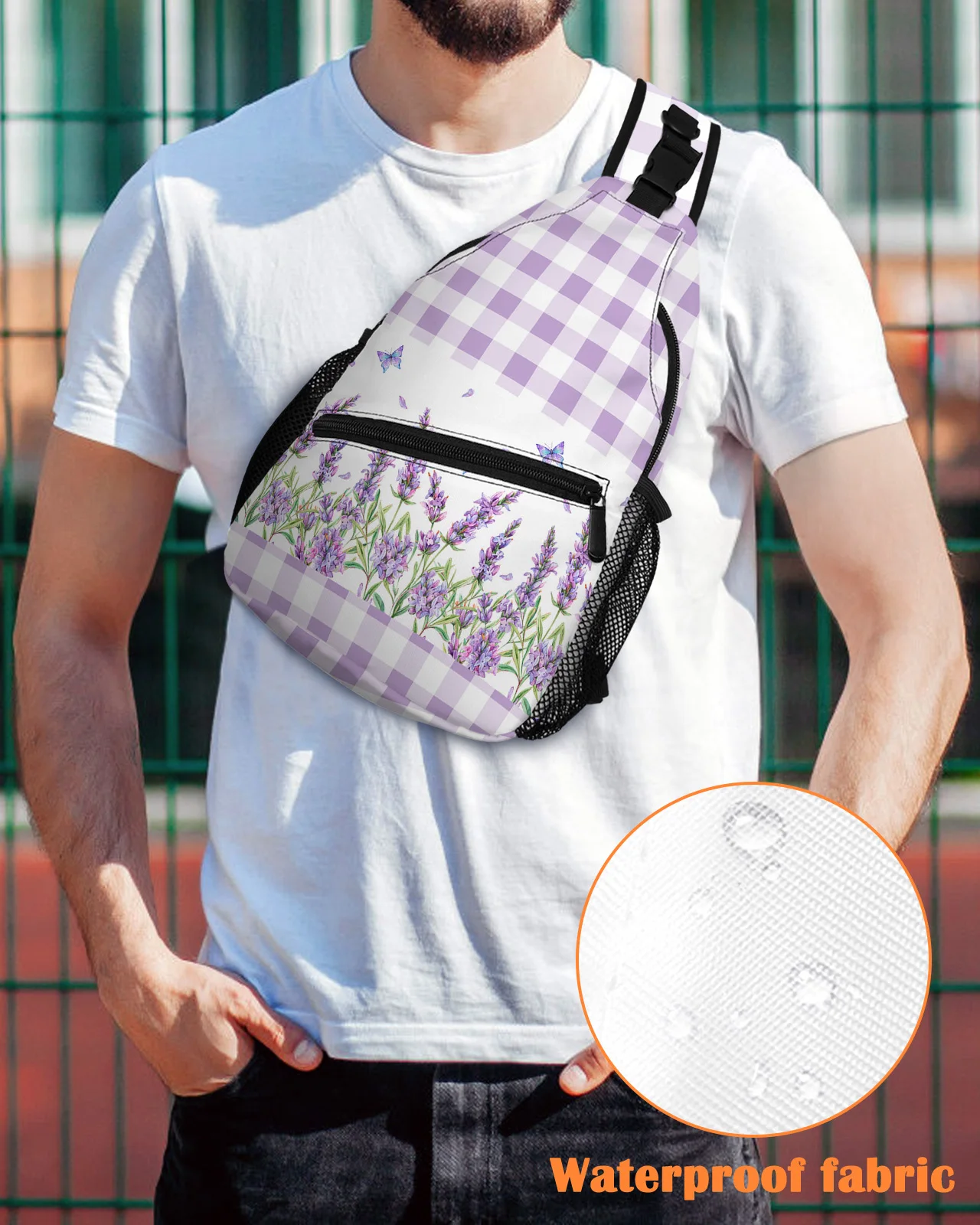 

Lavender Flower Butterfly Purple Plaid Chest Bag for Men Women Casual Crossbody Bag Outdoor Travel Climb Waterproof Sling Bag