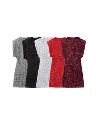 Women's Sequined Mini Dress with Shoulder Pads, O-Neck, Sleeveless, Female Dresses, Sexy Fashion