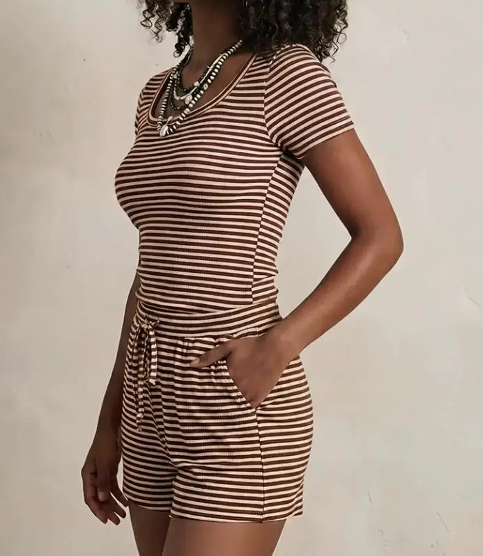 Two Piece Set Women Outfit 2026 Spring Summer New Square Collar Short Sleeve Striped T-Shirt & High Waist Casual Shorts Set