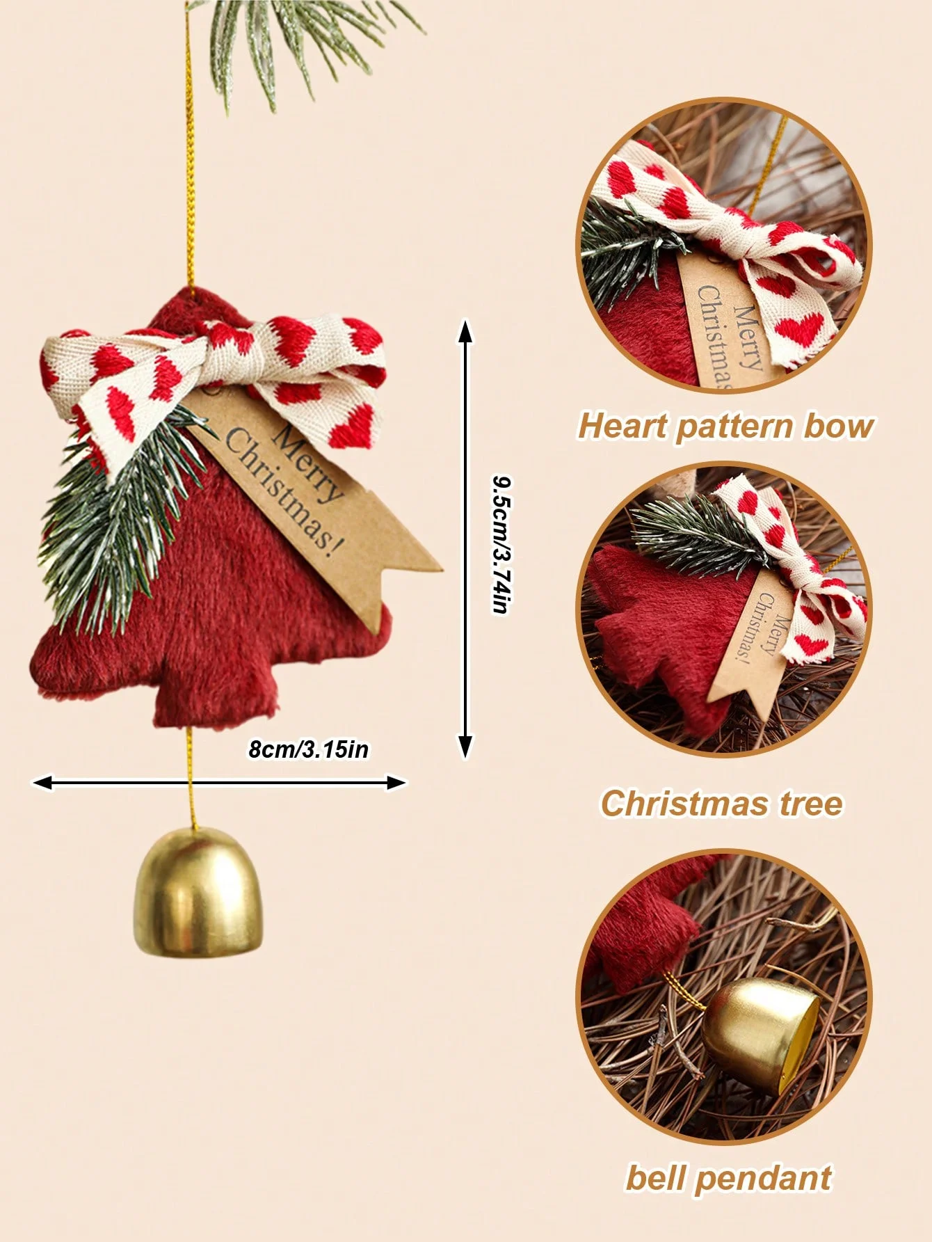 Festive Christmas Car Ornament, Plush Tree, Gold Bell & Bow, Cute Holiday Hanging Decoration, Car Rearview Mirror, Home, Door, P