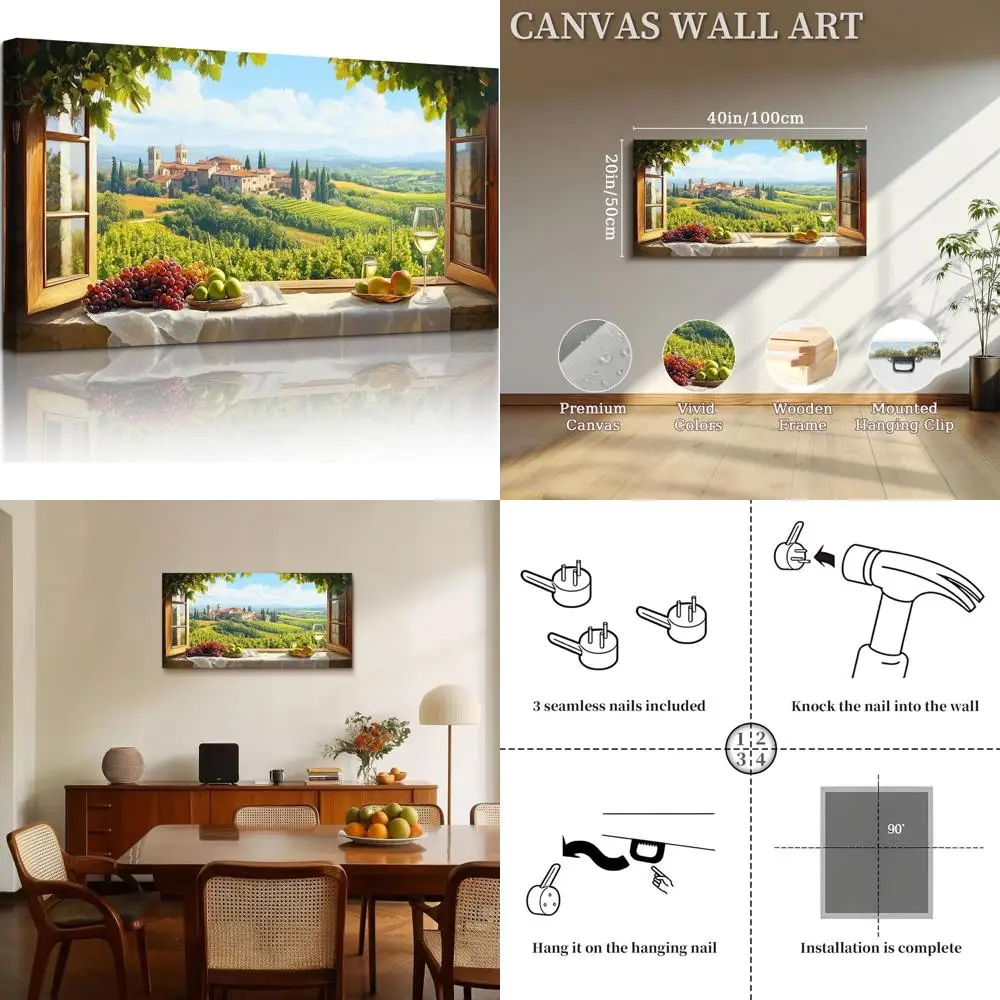 

Итальянская сельская местность, виноградное поле, настенное искусство, большой декор для окон для кухни, 20x40 дюймов, деревенское искусство для гостиной, столовой