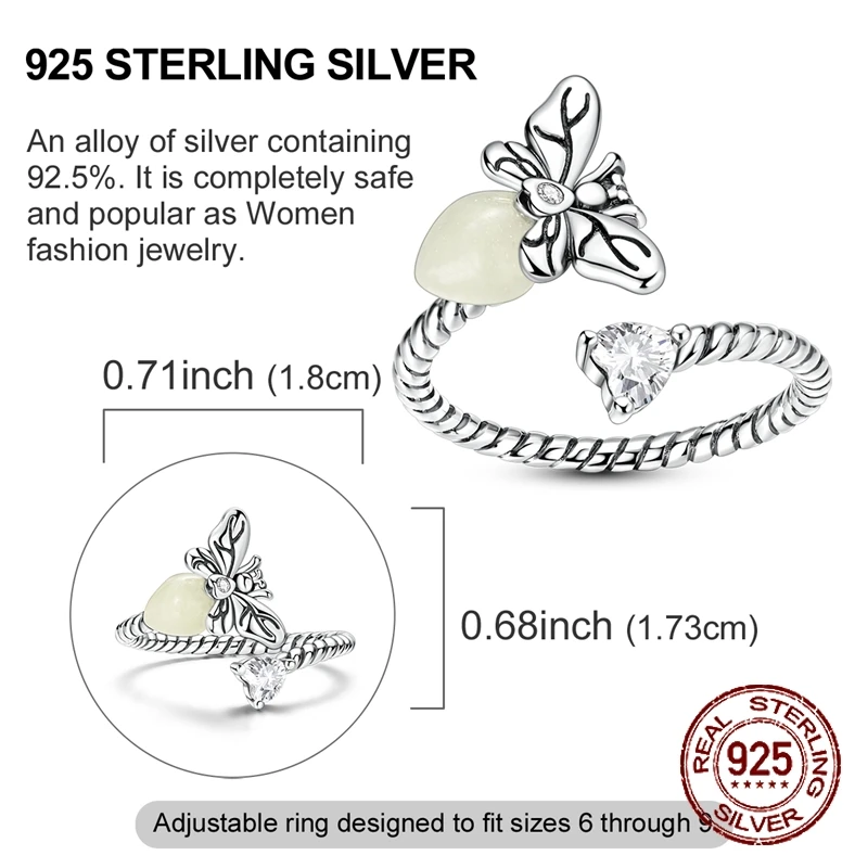 925 Sterling Silver Glow in The Dark Butterfly Open Ring Luminous Twisted Rope Adjustable Ring Wear Jewelry Gift for Women Girls