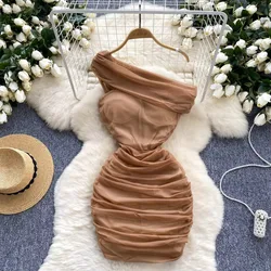Women Chic Diagonal Collar Sexy Off Shoulder Mesh Slim Dresses Vintage Fashion Vestido Elegant Summer Sweet Backless Clothing