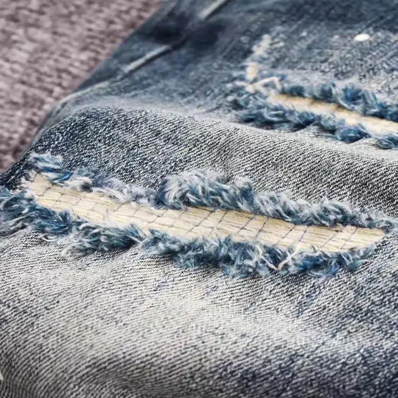 High Street Fashion Men Jeans Retro Blue Stretch Skinny Fit Ripped Jeans Men Hole Patched Designer Vintage Denim Pencil Pants