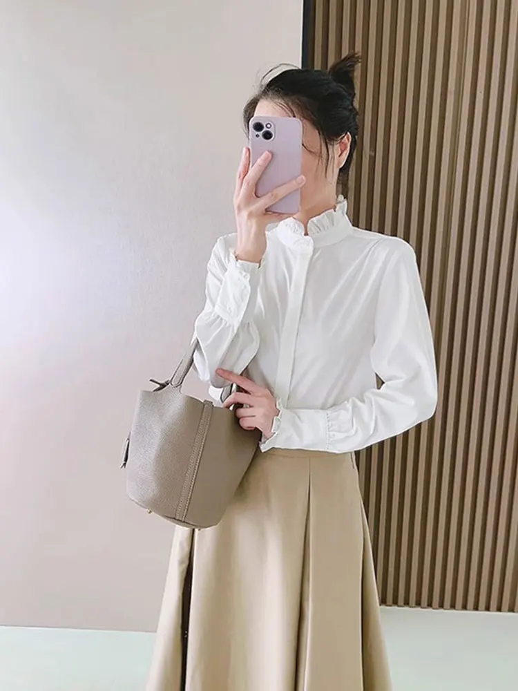 편안한 단색 초가을 디자인 나무 장식 캐주얼 롱 슬리브 여성 실크 탑 패셔너블한 접이식...