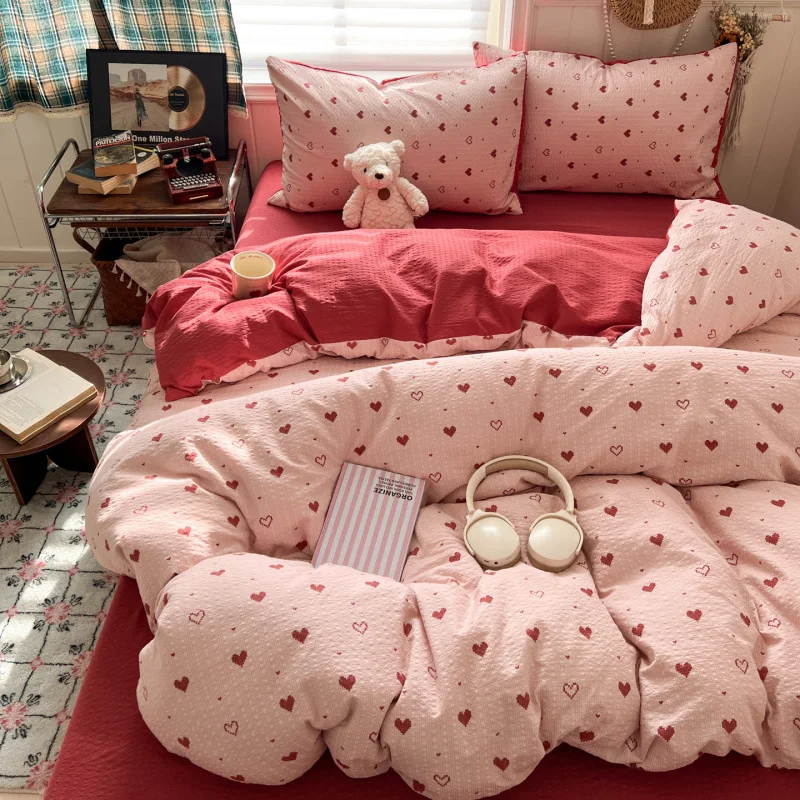 New Love Printed 100% Cotton Bedding Set Luxury Antibacterial Comforter Kit for Single Soft Fitted Sheet Quilt Cover Pillowcase