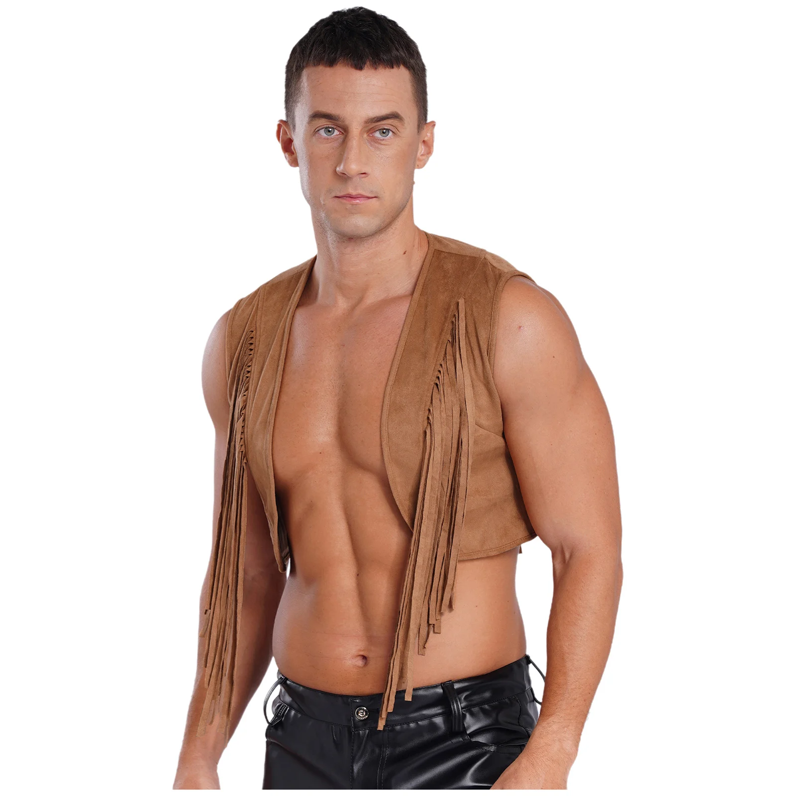 Mens Tribe Tassel Retro Western Cowboy Fringe Waistcoat Open Front Sleeveless Unlined Faux Suede Vest Tank Top Hippie Crop Top