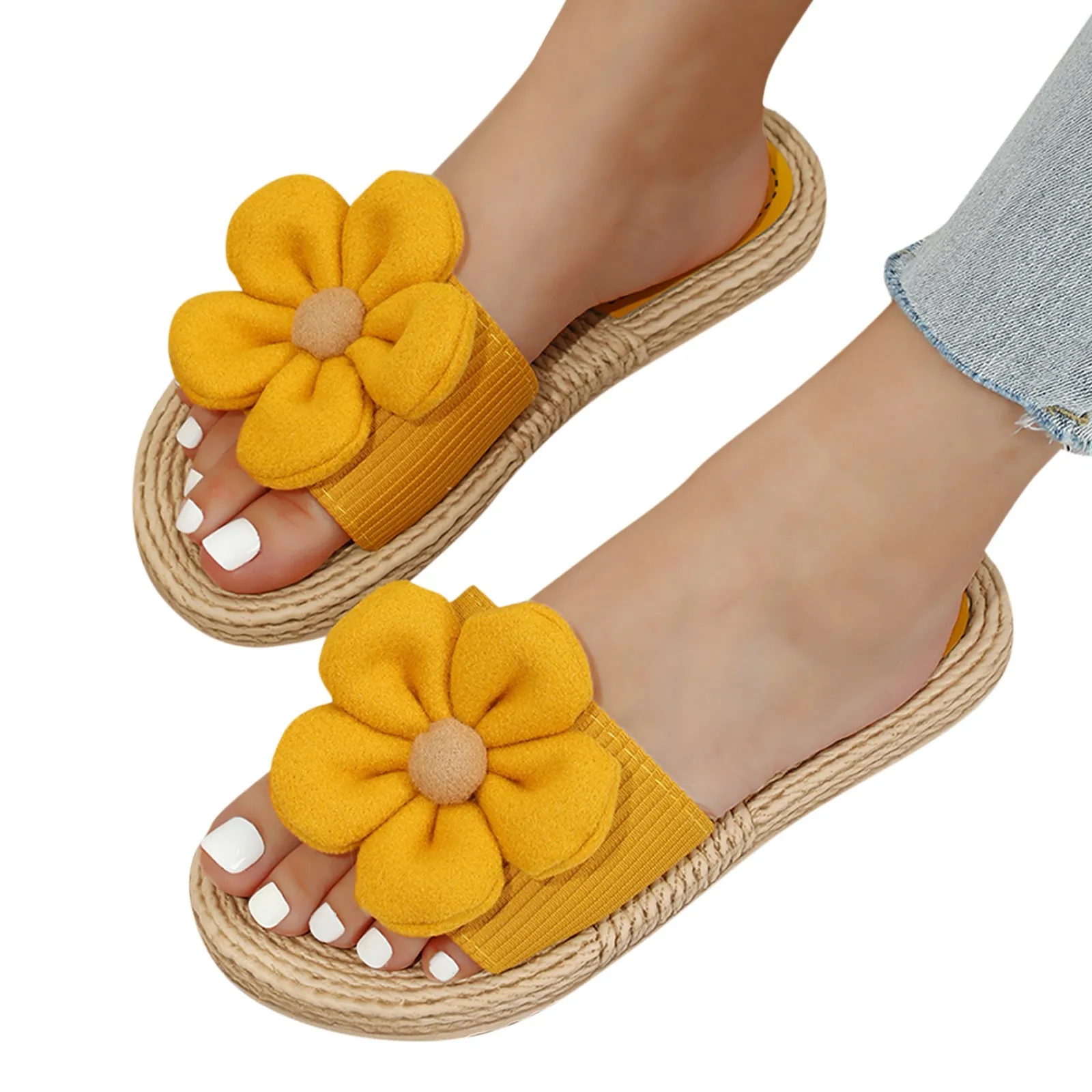 Women Slippers Artificial Straw Sole Shoes Lady Summer Indoor Flat with Flip Flops Stitching Floral Women Slippers Sandalias