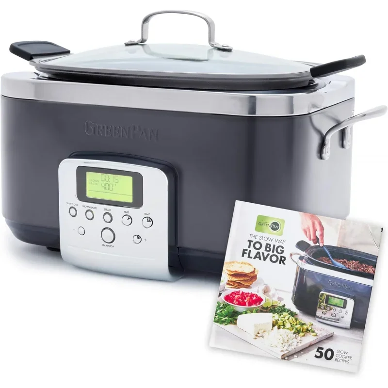 GreenPan Elite 8-in-1 Programmable 6 Quart Electric Slow Cooker, GlassLid & Removable Crock, PFAS-Free Healthy Ceramic Nonst