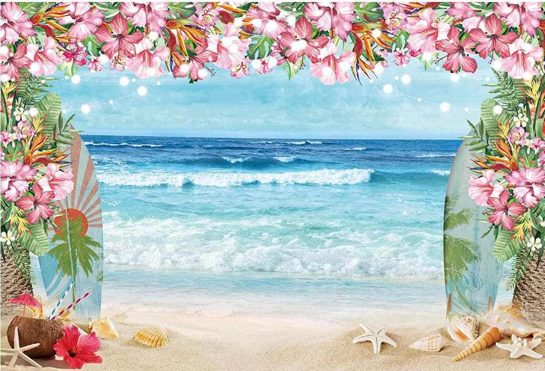 알로하 루아 배경, 열대 하와이 녹색 잔디 꽃 사진 배경, 생일 베이비 샤워 파티 장식 배너