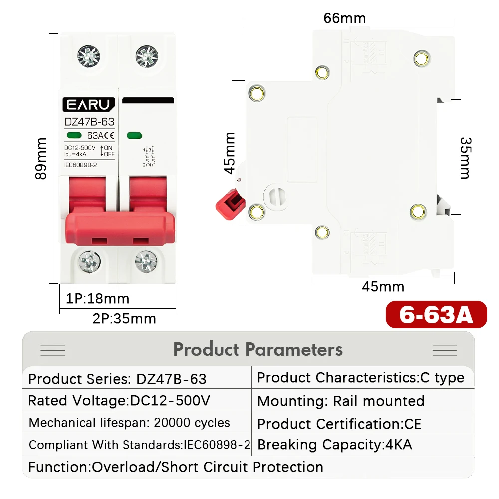 Protecteur de batterie de voiture MCB DC, mini disjoncteur, pôle positif et négatif, interrupteur de rotation, isolateur, DZ47, DC, 12V, 24V, 48V, 36V