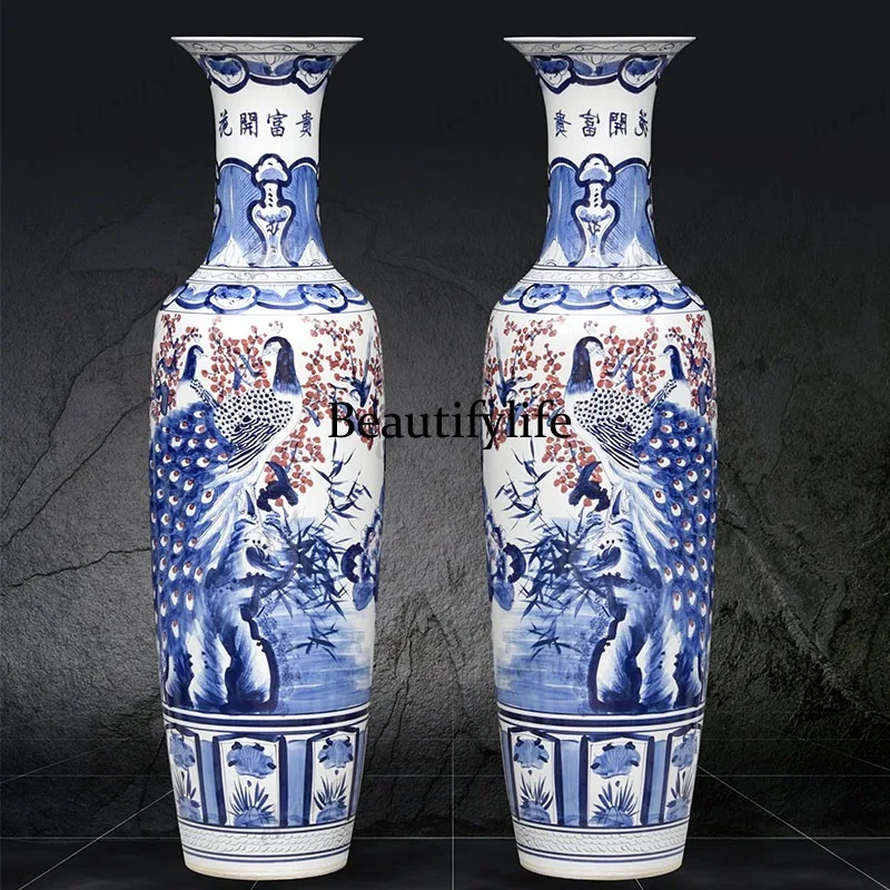 Jingdezhen ceramics blue and white porcelain hand-painted floor-to-ceiling large vase flower arrangement ornament home
