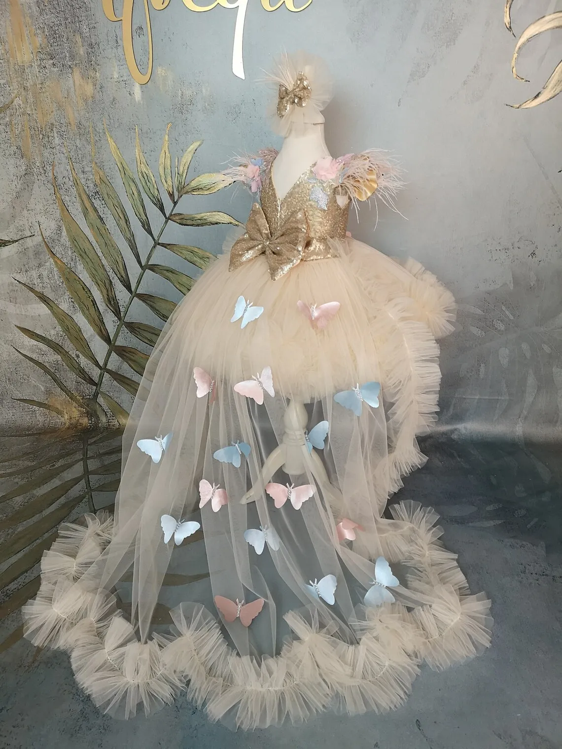 Vestido de niña de flores para boda sin mangas 3D mariposa arco apliques tul fiesta de cumpleaños primera comunión vestidos de baile de noche