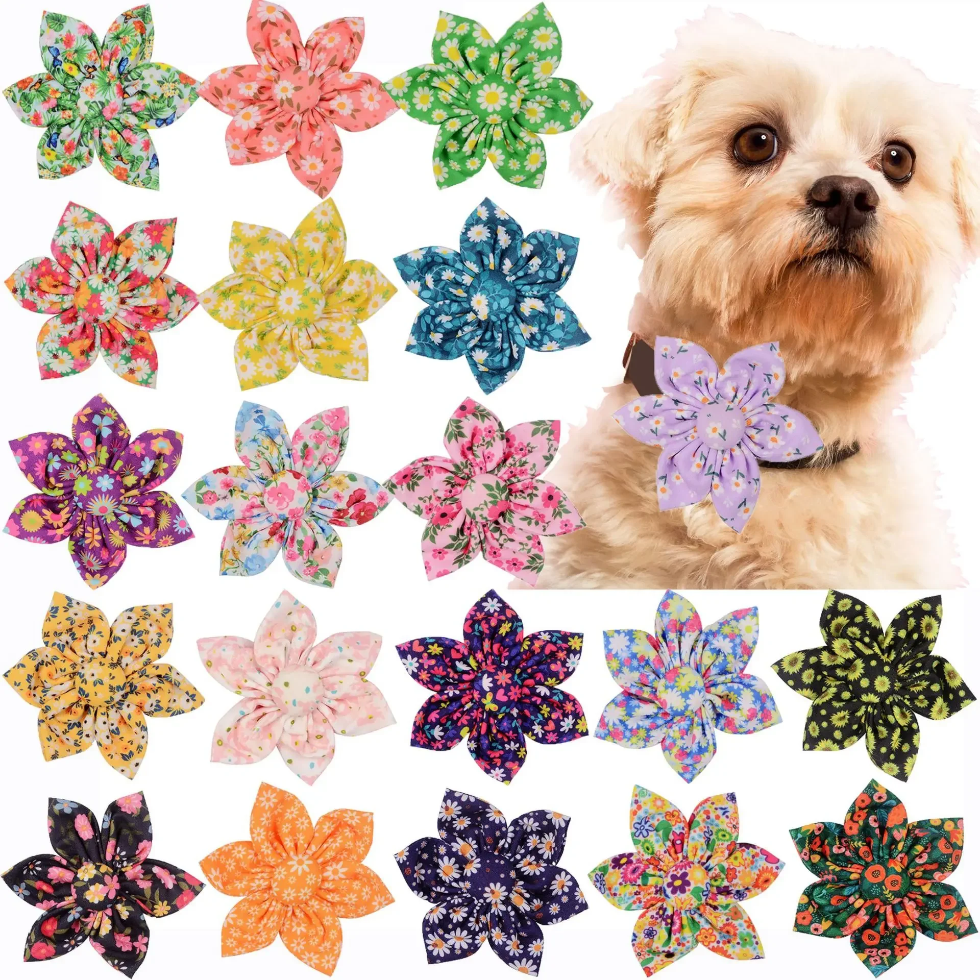 5pcs Pet Accessories Classic Six Petal Floral Hand Sewn Collar Flower Pet Hairpin Detachable Button Flowers for Puppy Dog Cat