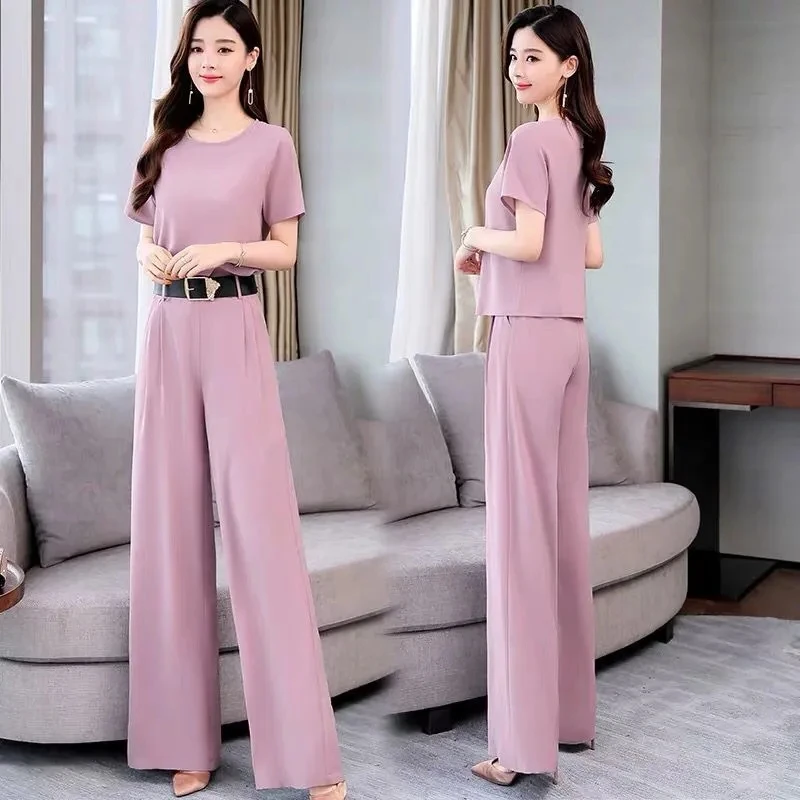 Korean Fashion Wide Leg Pant Suit Elegant Chiffon Solid 2 Piece Set Women Outfit Casual Short Sleeve Belt Top And Trousers Sets