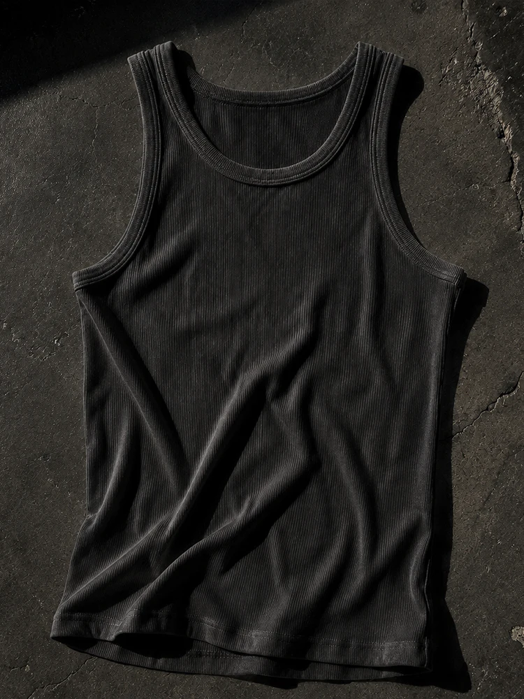 Minimalist Korean Style Cuffed Sleeveless Tank Top Short Length Outerwear for Men Elastic Fit round Neck Yoga Daily Wear