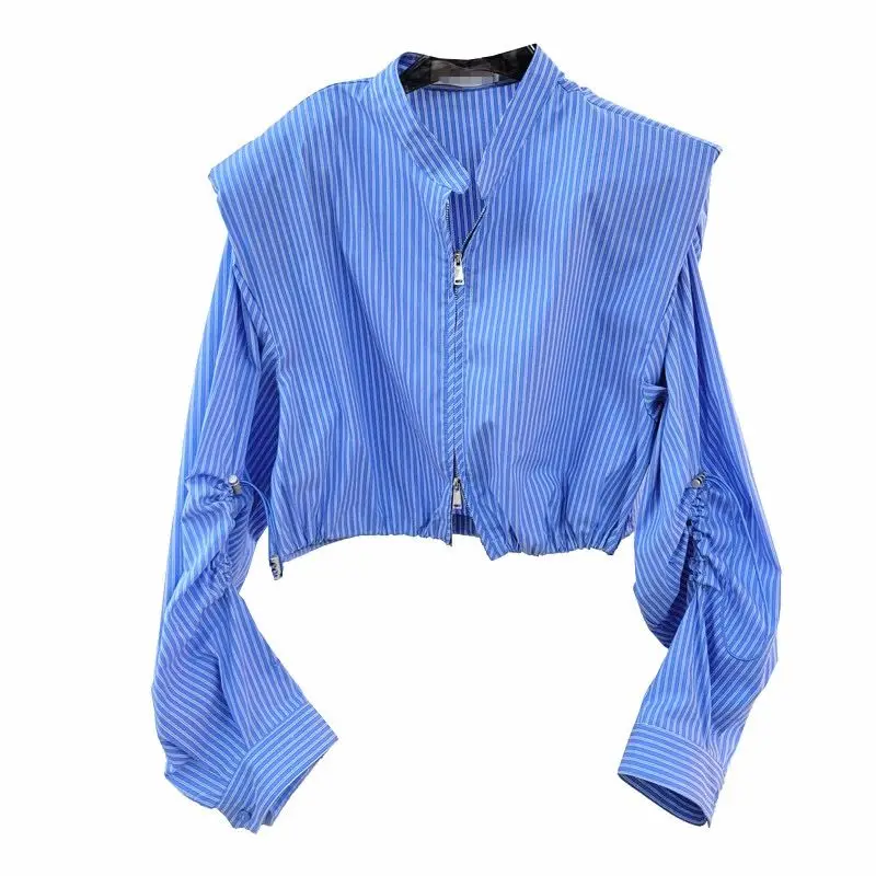 Blue Striped Shirt For Women\'s 2023 Summer New Sunscreen Suit Stand Up Collar Waist Short Sleeved Cardigan Top