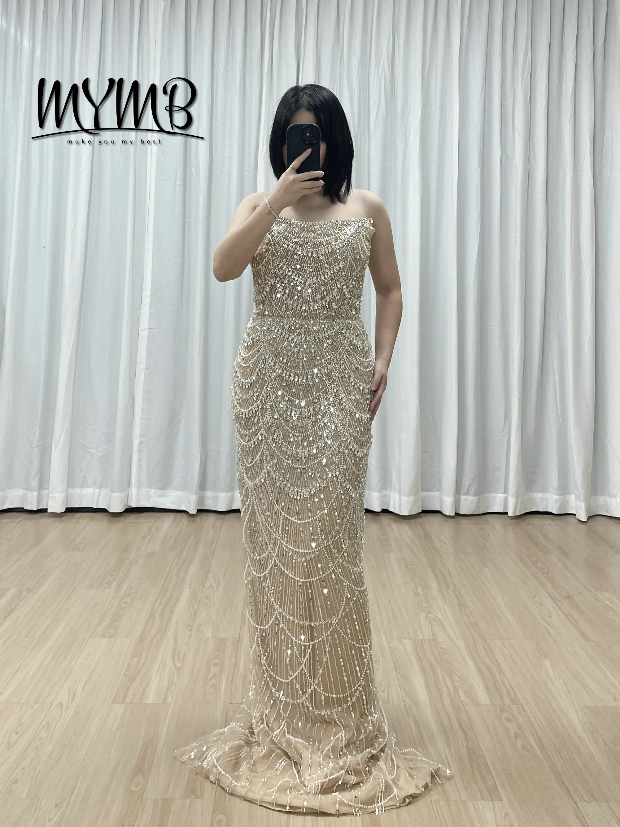 

MYMB Luxurious Champagne Mermaid Evening Dresses With Beaded Straps Off Shoulder Sparkle Sequin Pattern Long Sweep Train MY30157