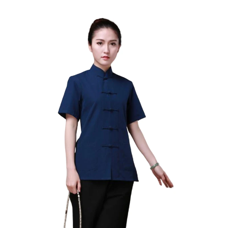 

Однотонные темно-синие 100% хлопок, китайские традиционные женские блузки кунг-фу, костюм Тан, рубашки, топы, топы Camisa Blusa, новинка, одежда