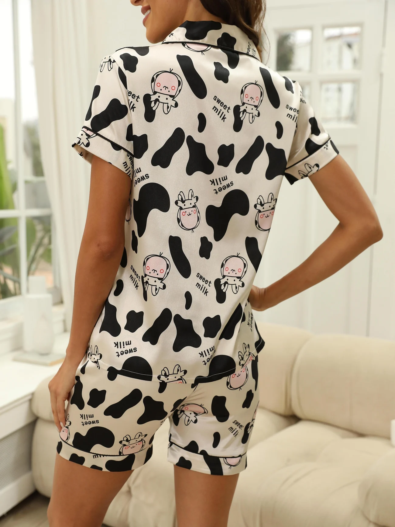 Cartoon Cow Print Pajama Set Short Sleeve Buttons Top & Elastic Waistband Shorts Women\'s Sleepwear & Loungewear