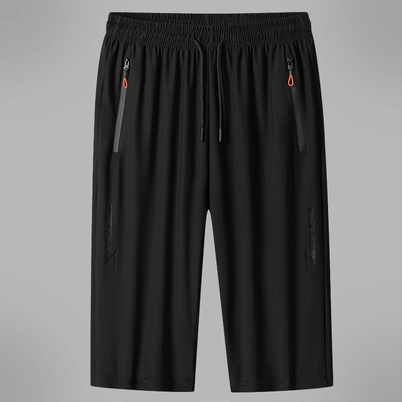 Men's Ice Silk Capri Pants Summer Quick Dry 3/4 Cropped Shorts Elastic Drawstring Zipper Pocket Sports Joggers Loose Breathable