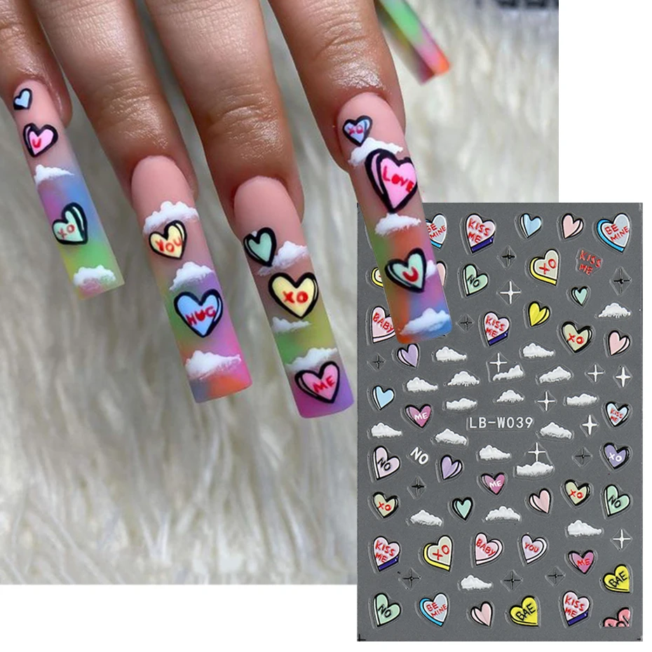 Valentine's Day 3D Relief Nails Stickers Colorful Heart Kiss Me Design Decals Love Cloud Bowknot Manicure Nail Applique #LB-W039