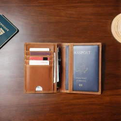 RFID Genuine Leather Passport Holder Travel Wallet For Men and Women Vintage Slim Bifold Wallet Card Case Passport Cover Protect