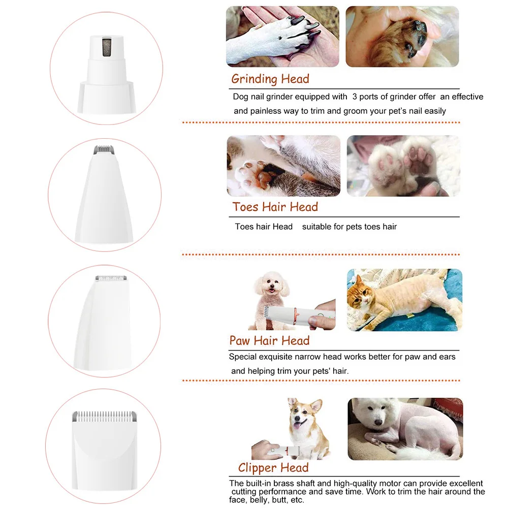 4 In 1 Pet Electric Hair Clipper with 4 Blades Grooming Trimmer Nail Grinder Professional Recharge Haircut for Dogs Cat Manicure