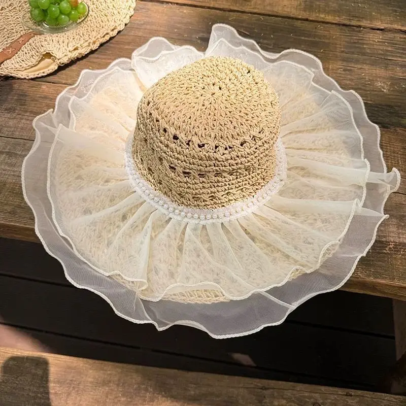 

French lace straw hat bow summer sun hat brim seaside shade beach sun protection vacation sun hat