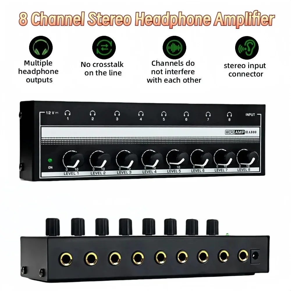 Mini amplificador HA800 para auriculares, amplificador de Audio estéreo Ultra compacto de 8 canales, amplificador de auriculares con adaptador de corriente