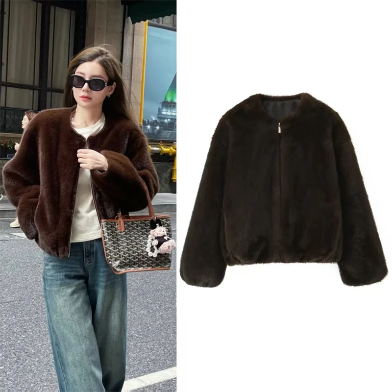 

Женская куртка, осень 2023, новый стиль, темно-коричневая куртка-пилот с длинными рукавами и эффектом искусственного меха, элегантная и изящная