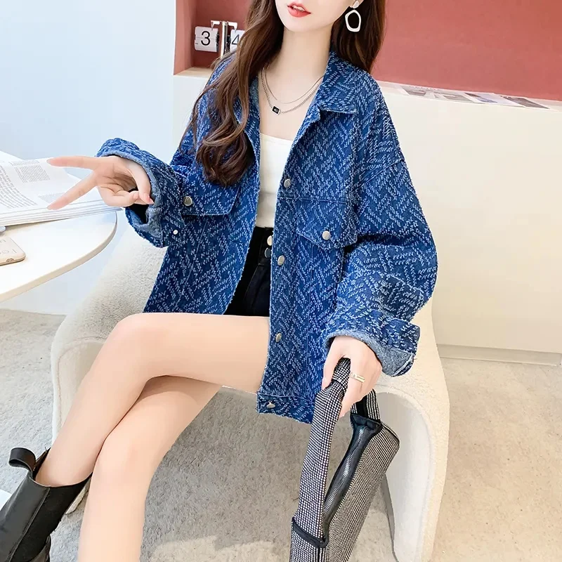 

Leisure polo collar pure cotton mid length cardigan denim jacket for women's 2022 new autumn/winter thin Korean version clothes