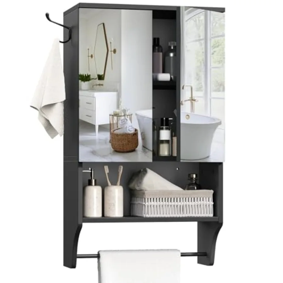 

Bathroom Wall Cabinet with Mirror Medicine Cabinet 2 Door Adjustable Shelf Wall Mounted Over Toilet Storage Cabinet with Towel