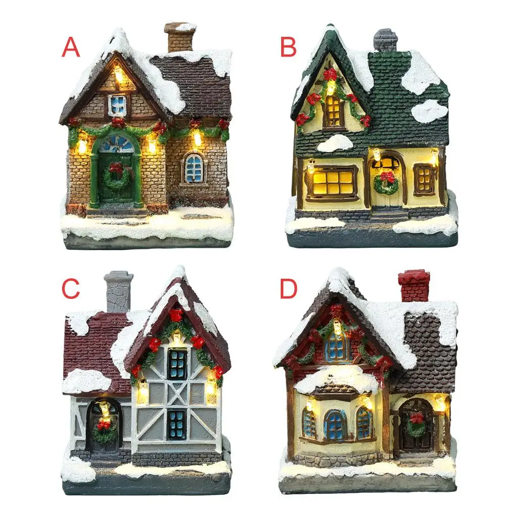 Resin Miniatures House Christmas Village LED Light Decor Battery Operated Warm White Glow for Holiday Gift