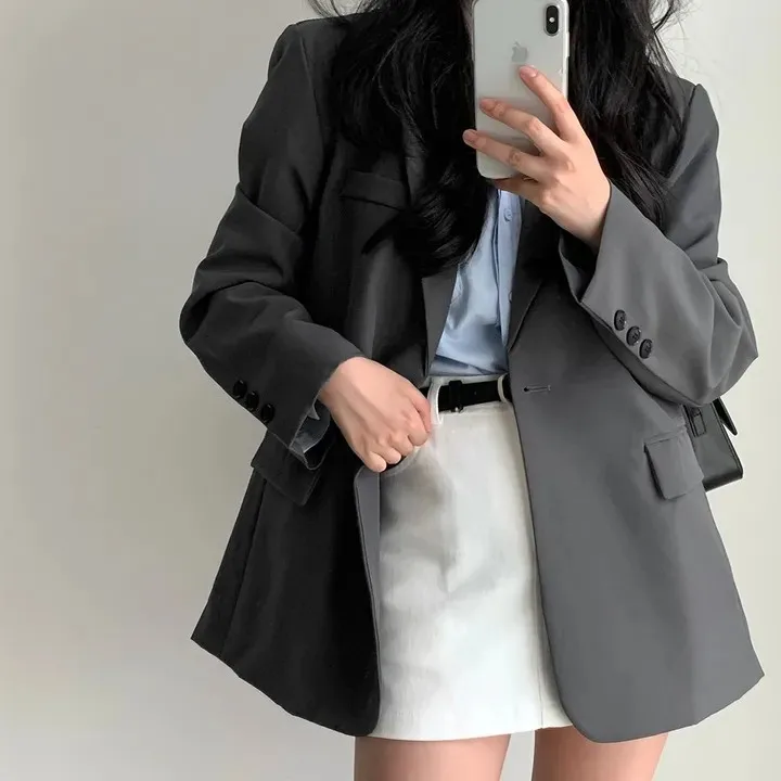 

Женский корейский шикарный повседневный свободный костюм на одной пуговице Jaet, весенне-осенний топ Lazy Sle, длинная одежда для поездок на работу